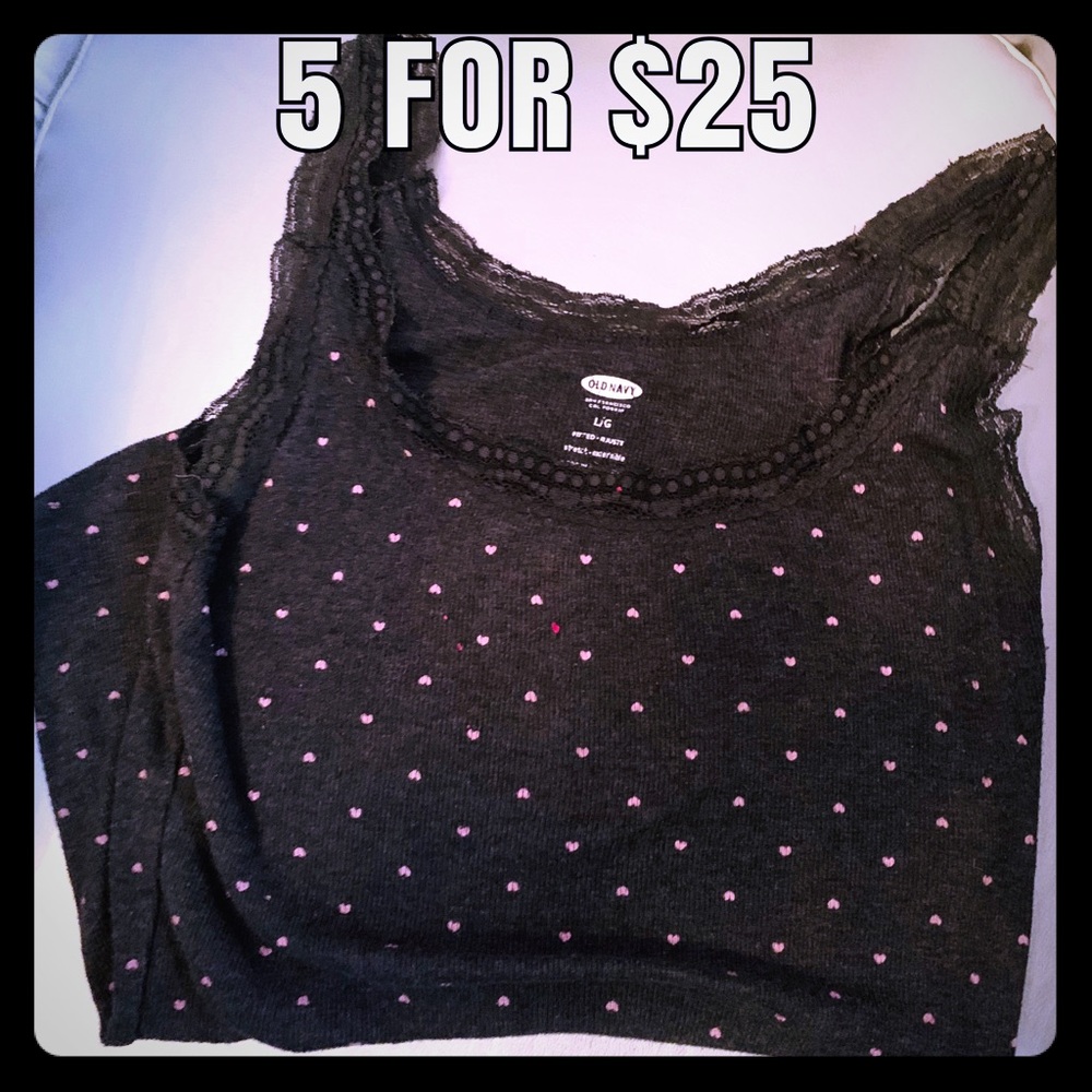 Charcoal Grey Tank Top L w/ Pink Hearts ribbed